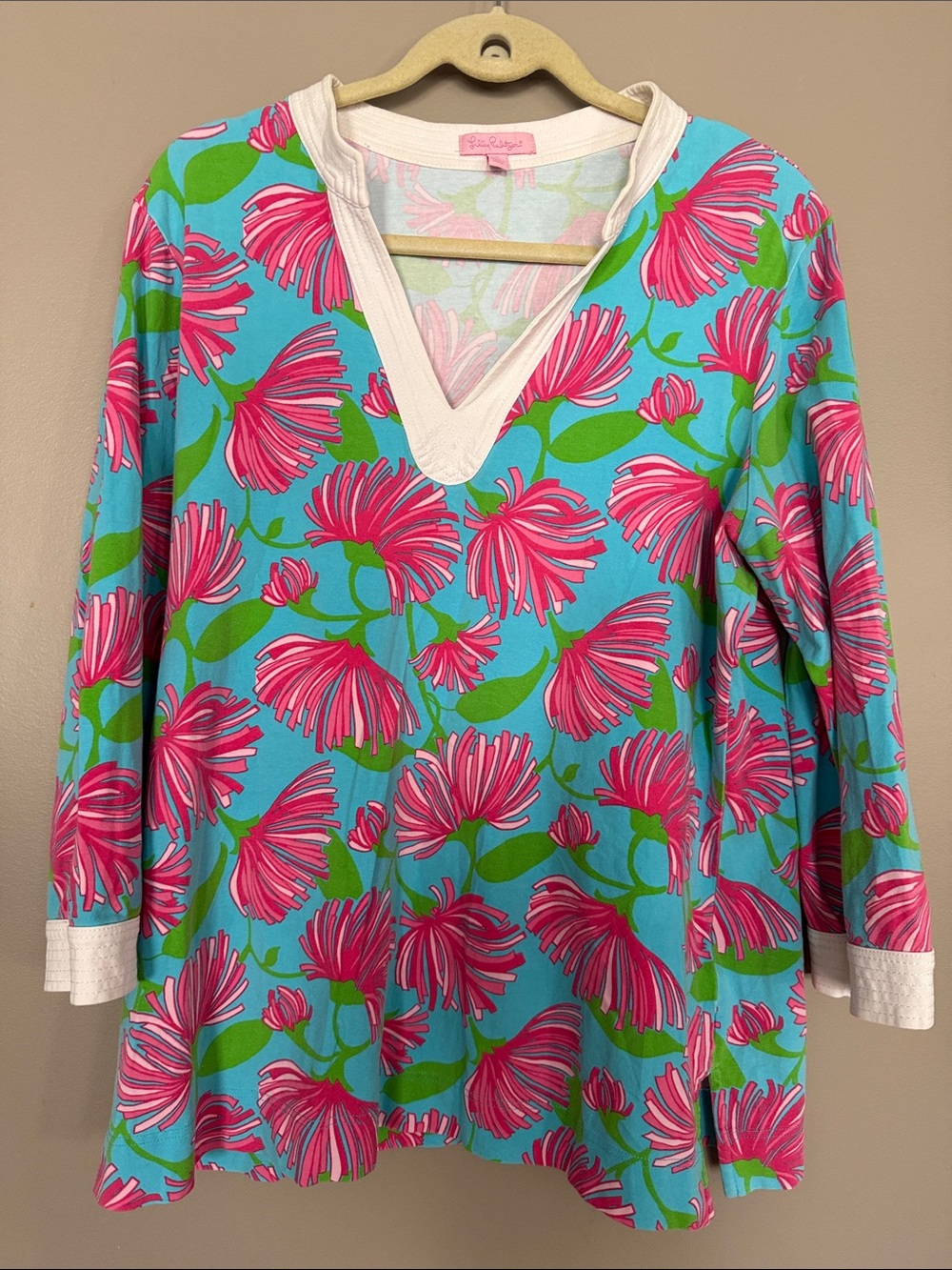 Lilly Pulitzer Blue Pink Green Floral Long Sleeve V-Neck Joy Knit Tunic